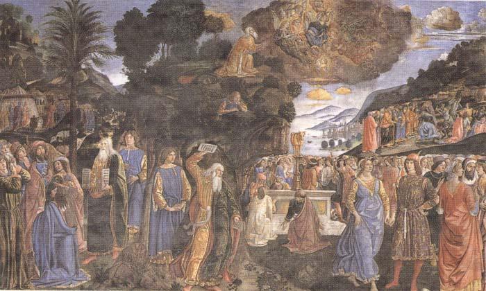 Sandro Botticelli Cosimo Rosselli and Assistants,Moses receiving the Tablets of the Law and Worship of the Golden Calf